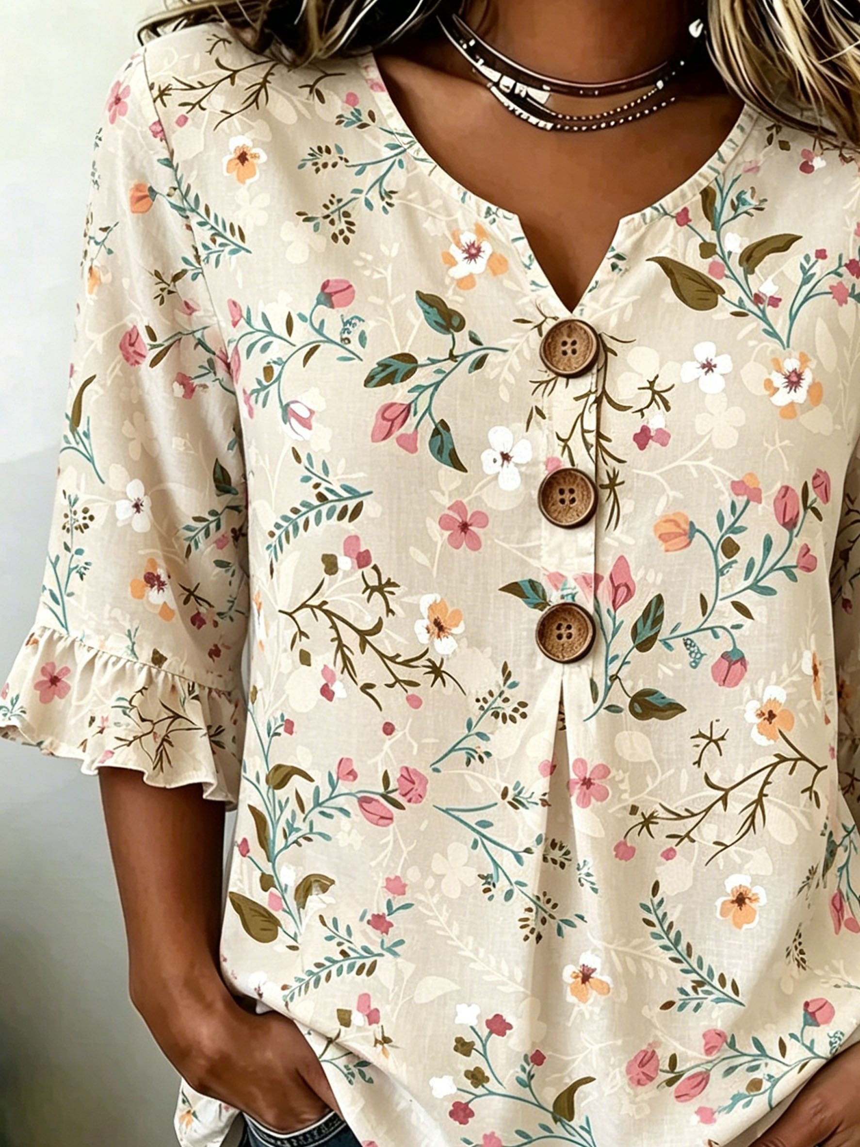 Women's Floral Half Ruffle Sleeve Blouse Summer V Neck Button Daily Going Out Vintage Top