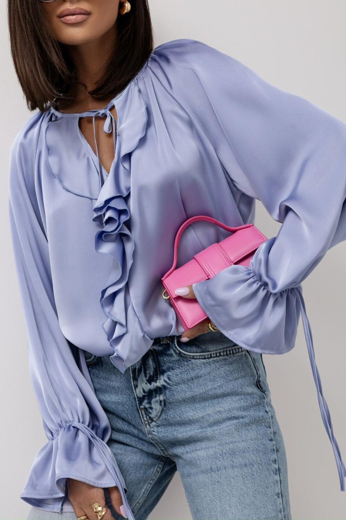 Women's Elegant Ruffled Flared Sleeve V-Neck Lace-up Blouse