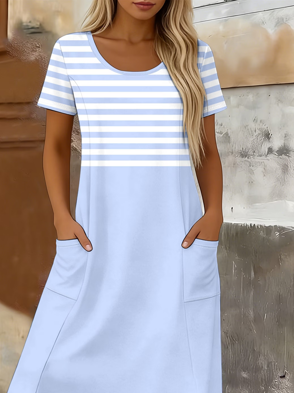 Women's Short Sleeve Summer Blue Striped Printing Crew Neck Daily Going Out Casual Maxi H-Line T-Shirt Dress Dress