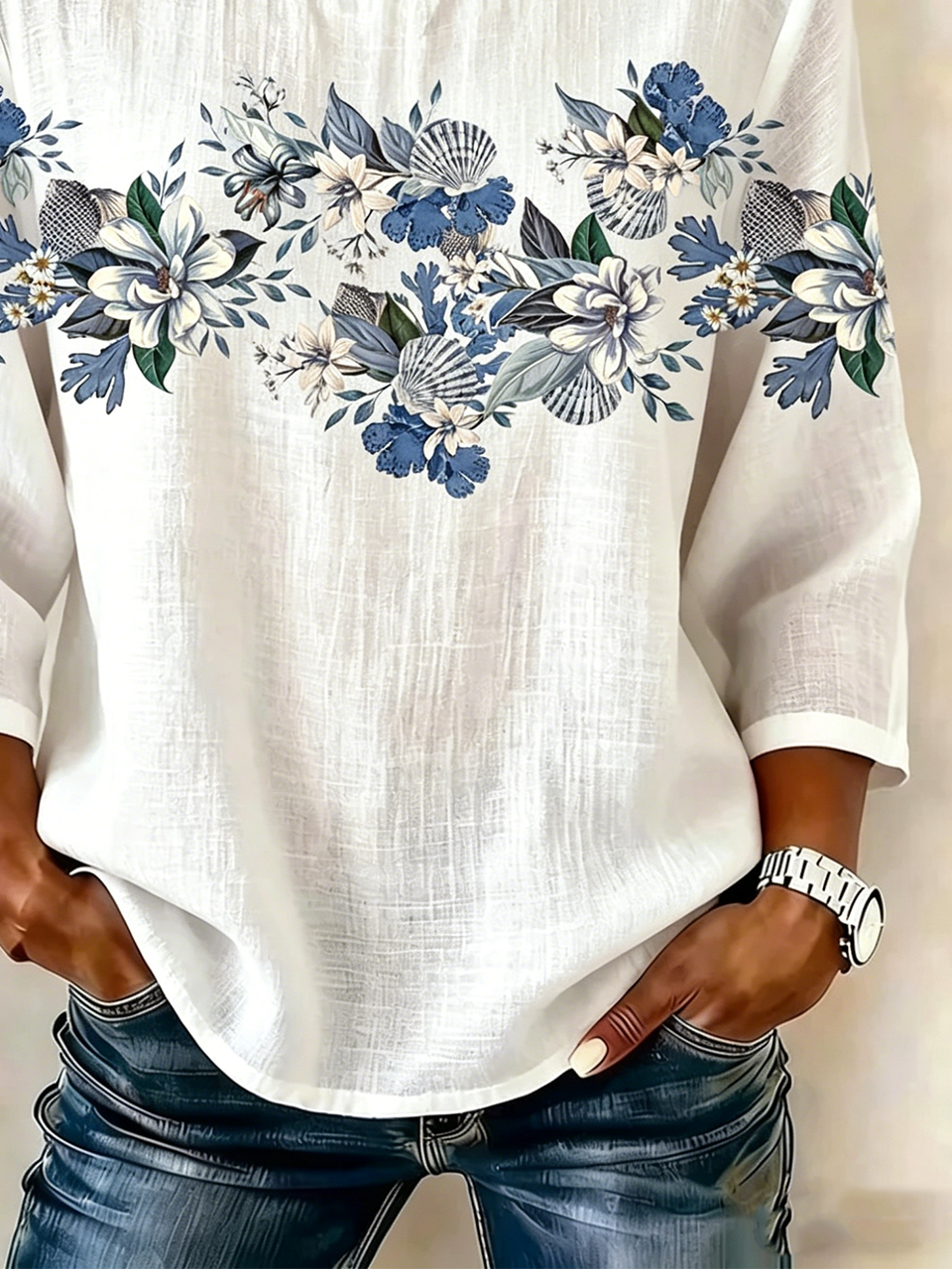Crew Neck Cotton And Linen Elegant Loose Shirt