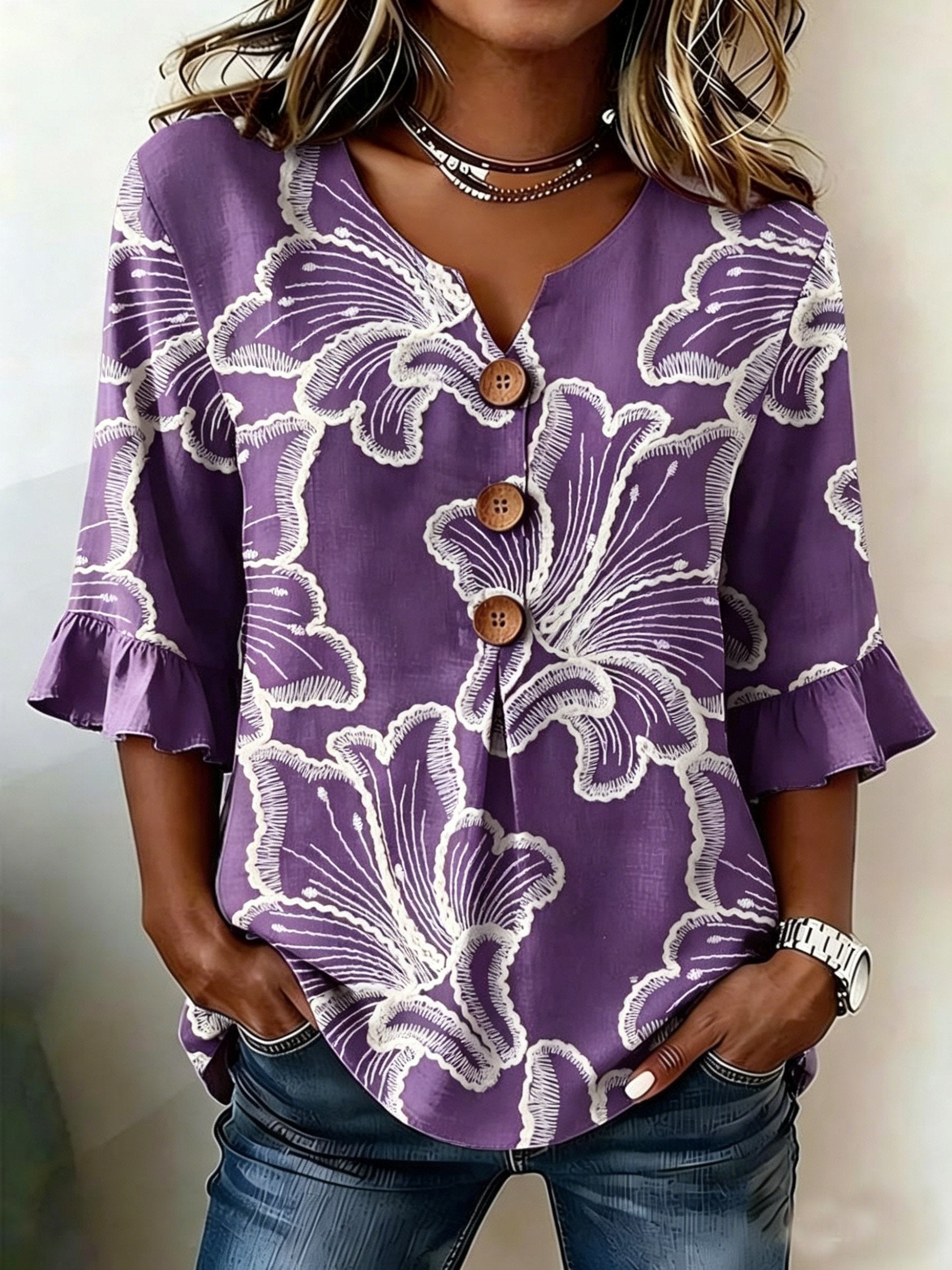 Women's Floral Half Sleeve Blouse Summer White Plain Peplum V Neck Button Daily Going Out Vintage Top