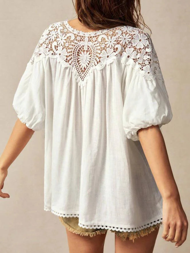 Polyester Cotton Lace Patchwork Crew Neck Puff Sleeve Western Style Summer Spring Going Out Blouse