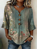 Women's Half Sleeve Blouse Summer Green Floral Printing V Neck Daily Going Out Vintage Top