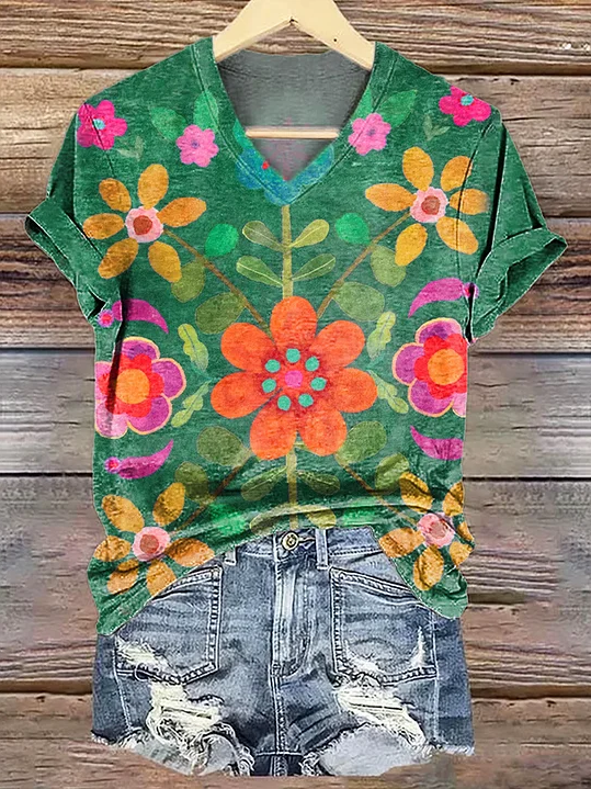 Women's Floral Print V-Neck Short Sleeve T-Shirt