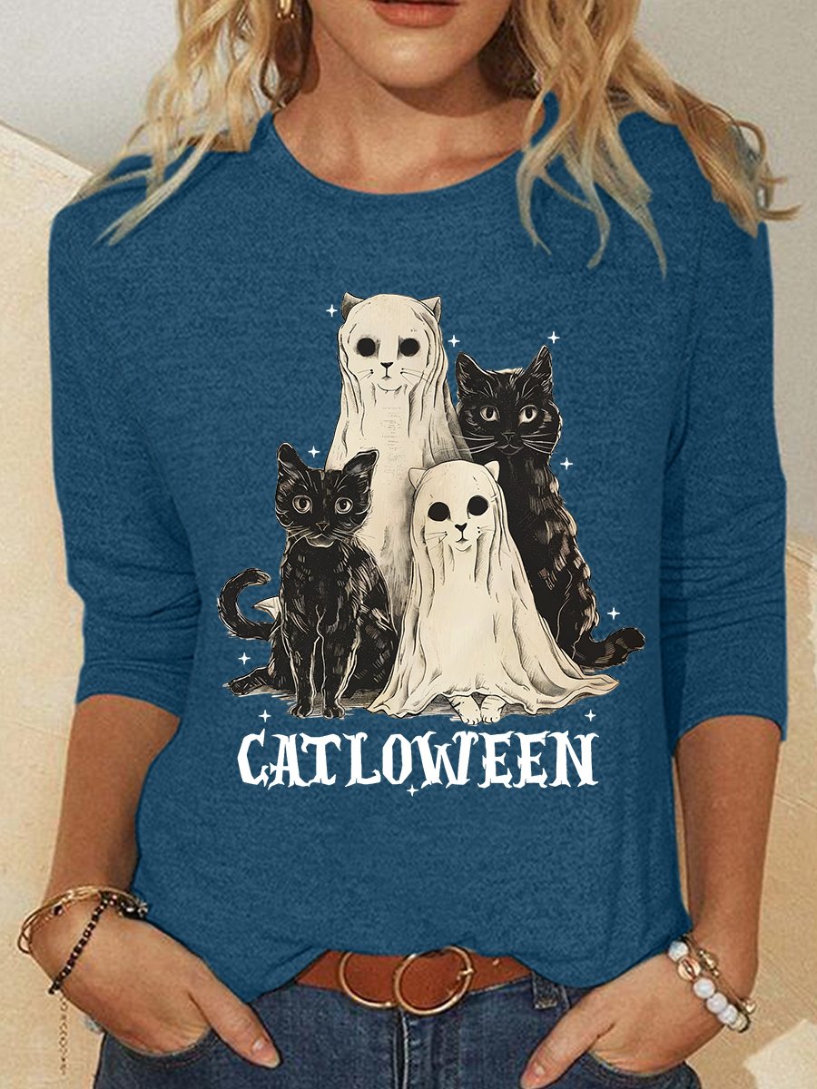 Catloween Funny Halloween Casual Long Sleeve Shirt