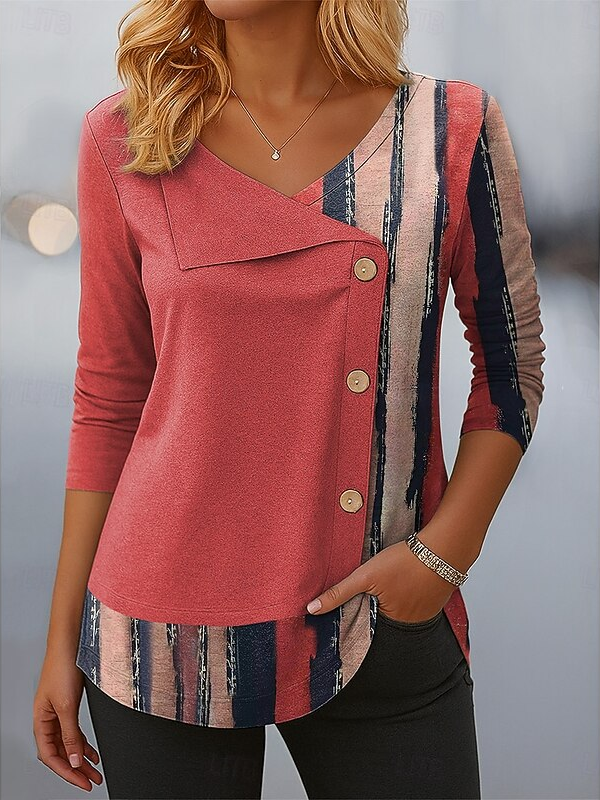 Women's Long Sleeve T-shirt Spring/Fall Deep Pink Striped Printing V Neck Daily Going Out Casual Top