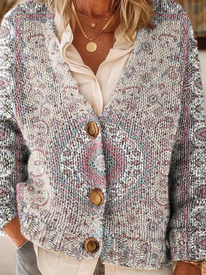 Vintage Tribal Totem Floral Art Print Buttoned V-neck Cardigan Sweater