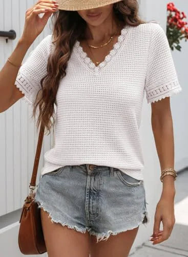 Knitted Lace Block V Neck Short Sleeve Casual T-Shirt