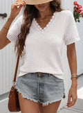 Knitted Lace Block V Neck Short Sleeve Casual T-Shirt