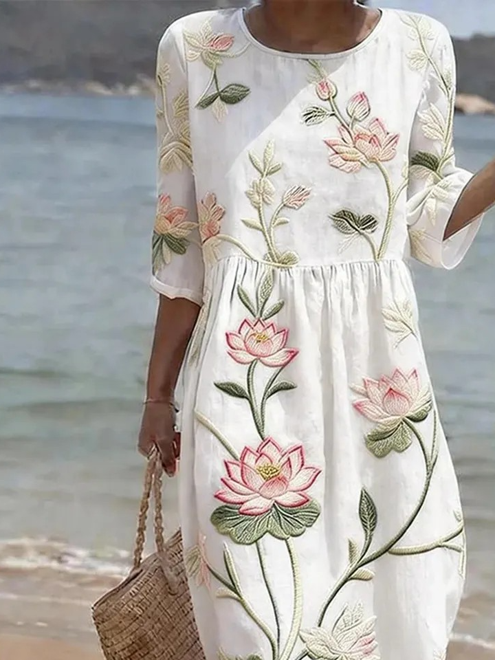 Floral Vintage Linen Blend Dress With No