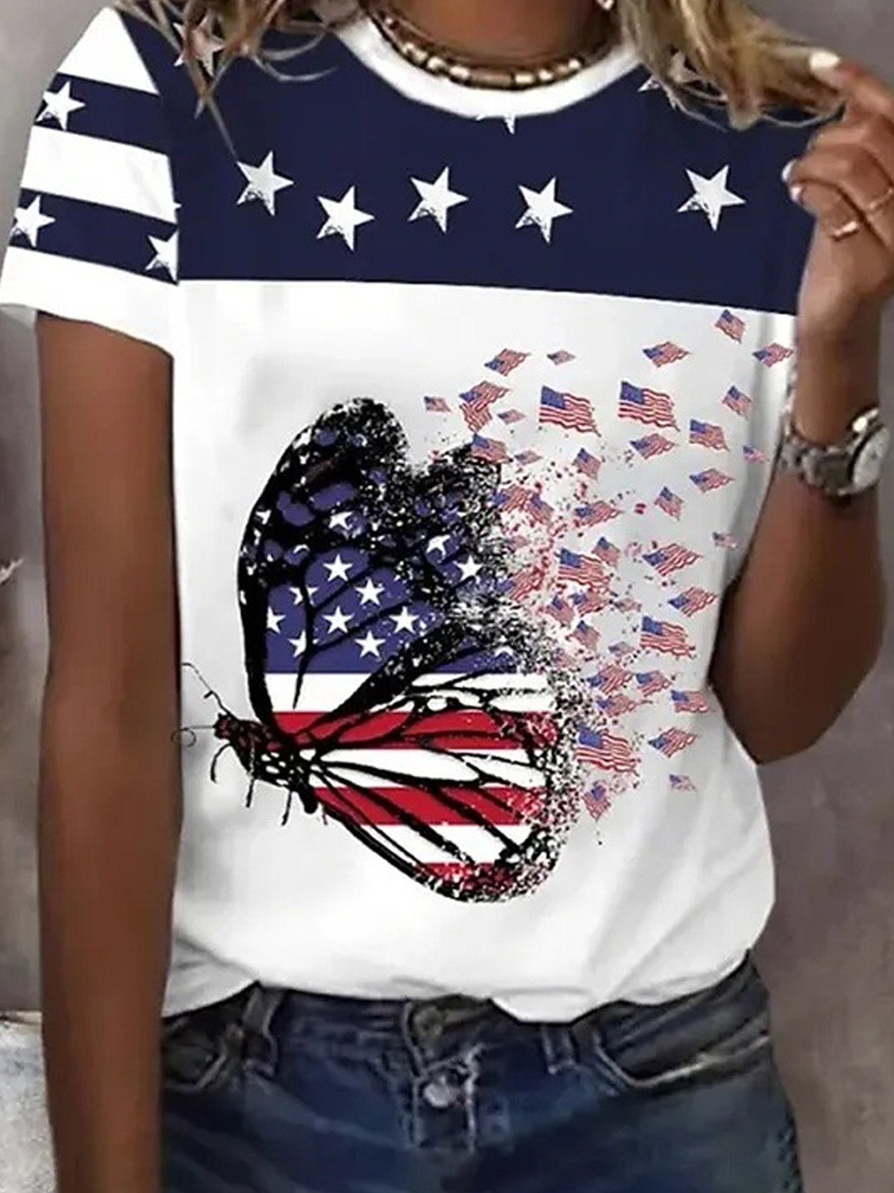 3D Printing America Flag Butterfly Crew Neck Short Sleeve T-Shirt