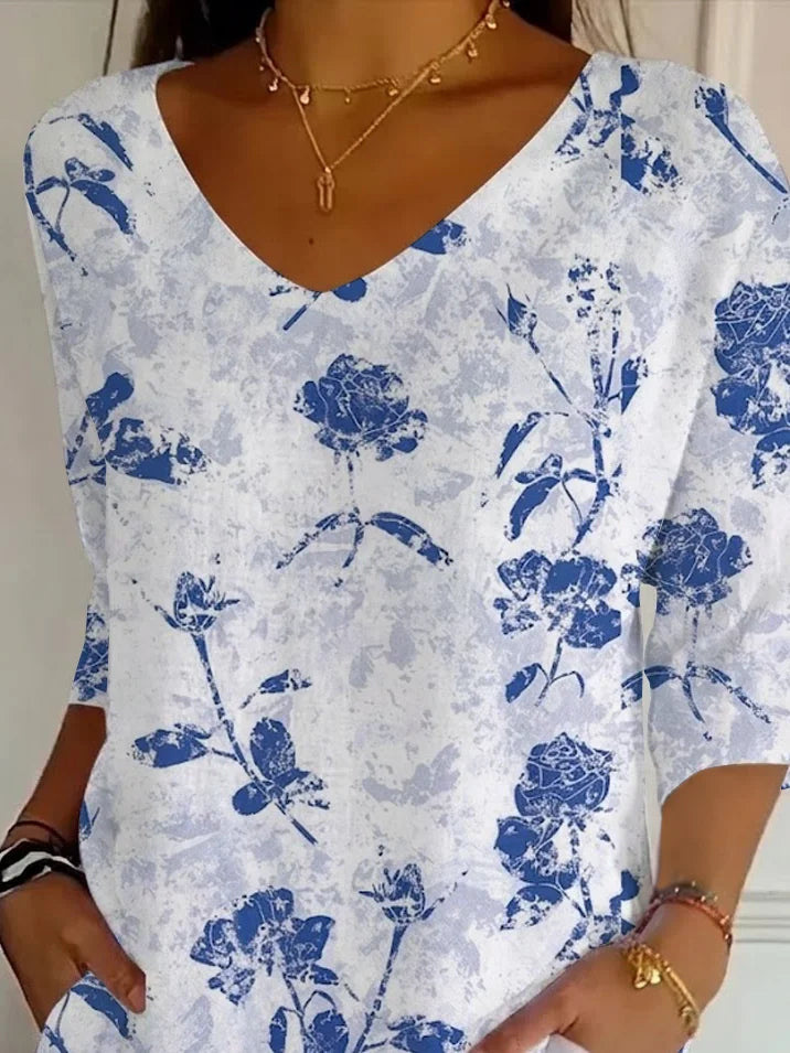 Women's Three Quarter Sleeve T-shirt Spring/Fall Blue Floral Printing V Neck Daily Going Out Casual Top