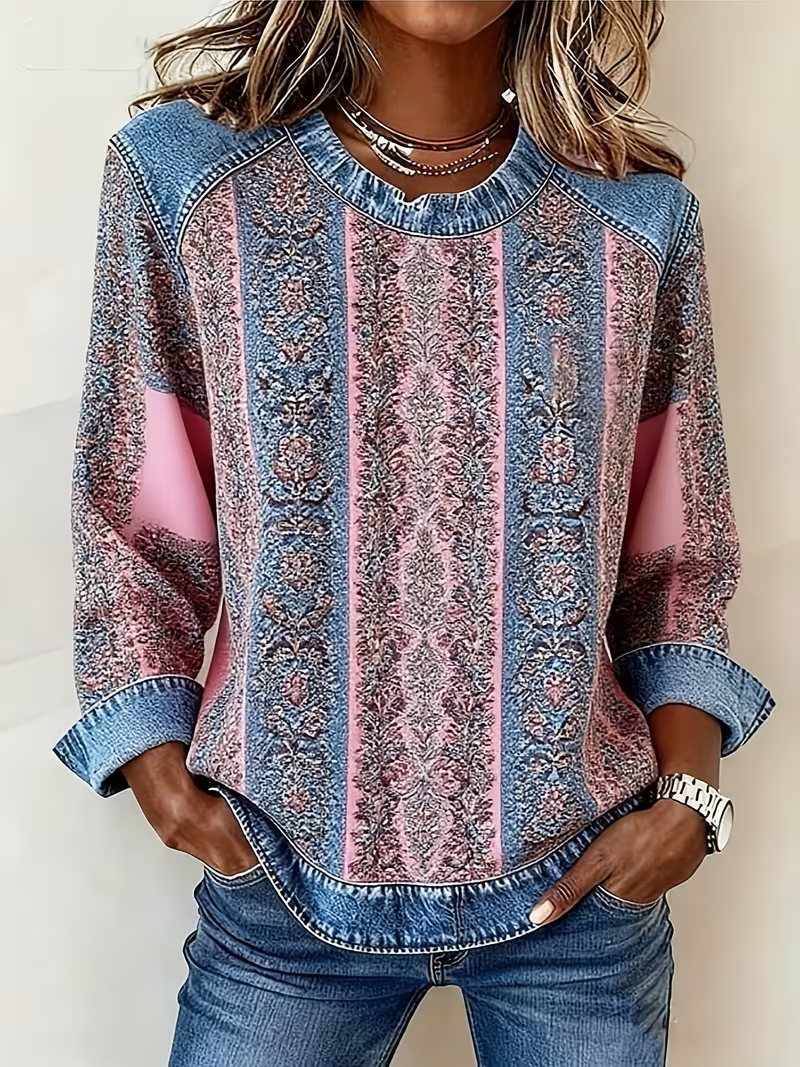 Women's Abstract Print Patchwork Denim Crewneck Long-Sleeved Sweatshirt