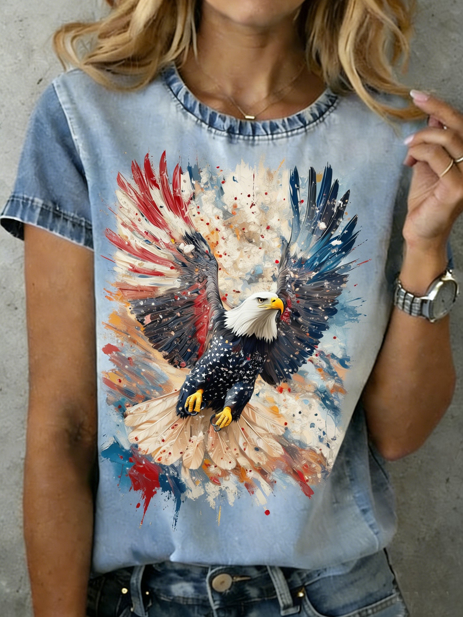 3D Printing Eagle Old Glory Round Neck Short Sleeve 250th Anniversary Vintage Casual T-Shirt