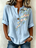 Floral Linen Blend Elegant Loose Shirt