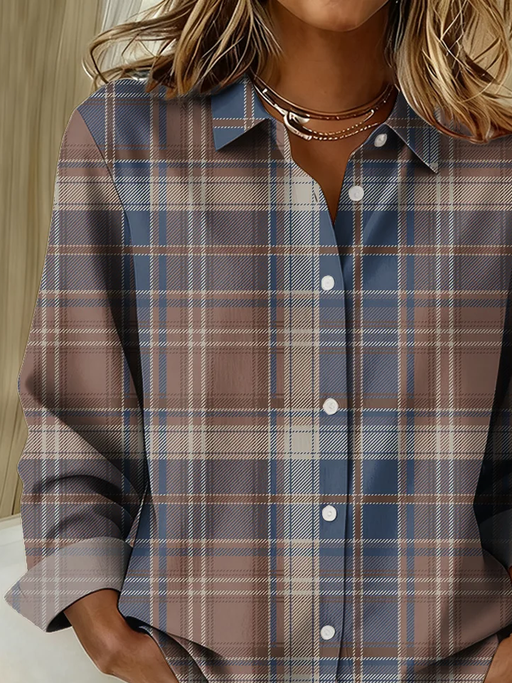 Women's Long Sleeve Shirt Spring/Fall Blue Plaid Buckle Shirt Collar Regular Sleeve Daily Going Out Casual Top