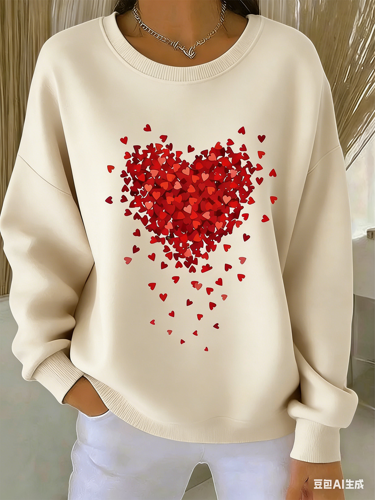 Valentine's Day Crew Neck Simple Cotton-Blend Sweatshirt