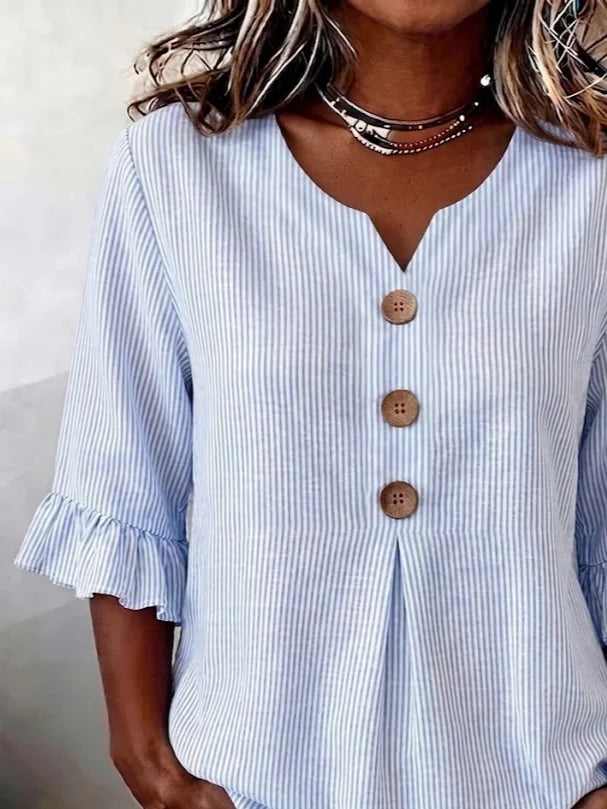 Women's Half Sleeve Blouse Summer Blue Striped Printing V Neck Daily Going Out Vintage Top