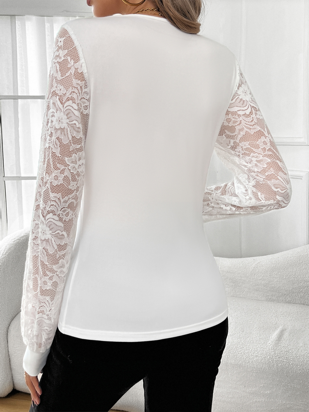 Elegant Lace V Neck Plain T-Shirt