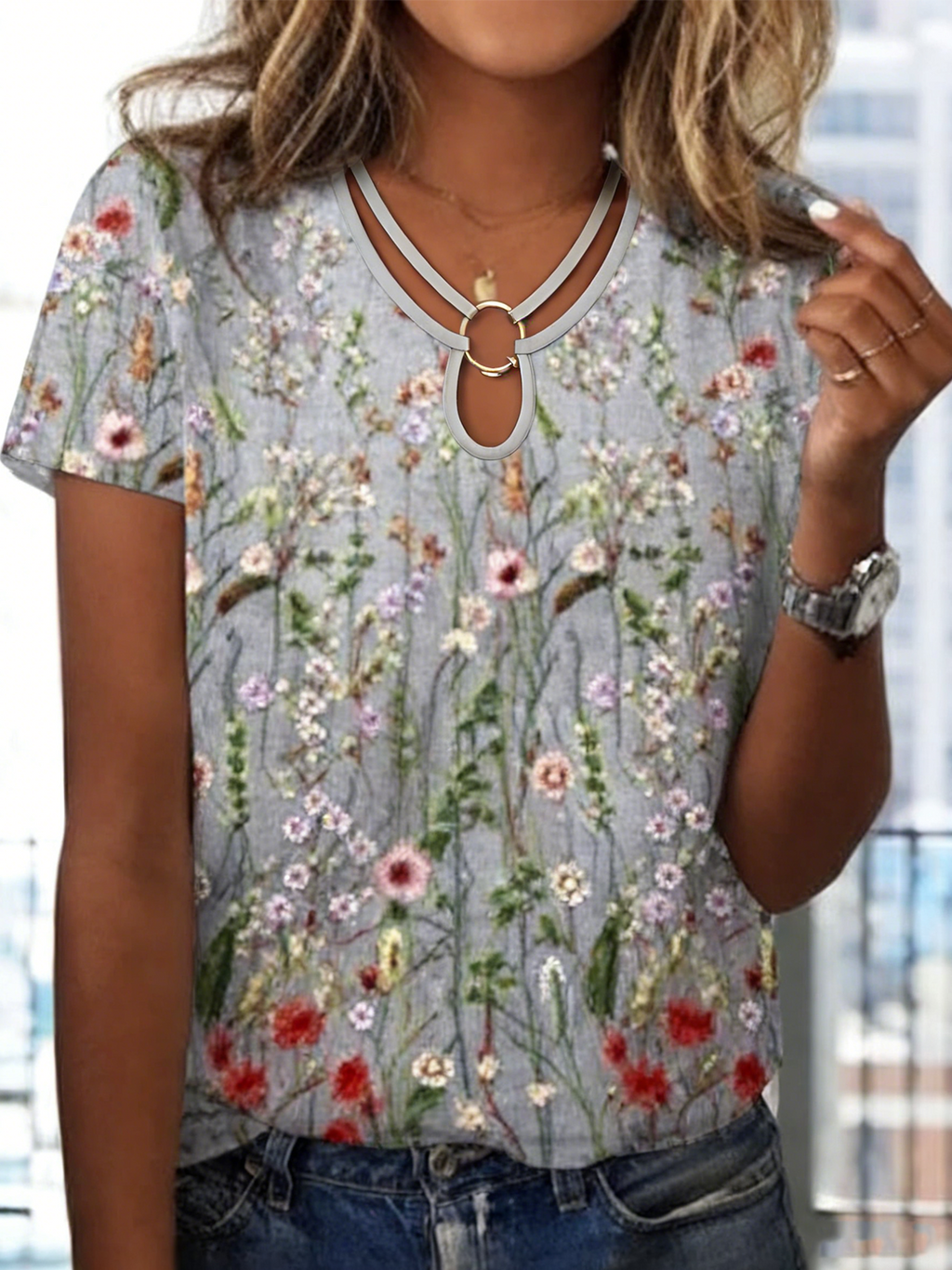 Regular Fit Floral Cotton Elegant T-Shirt
