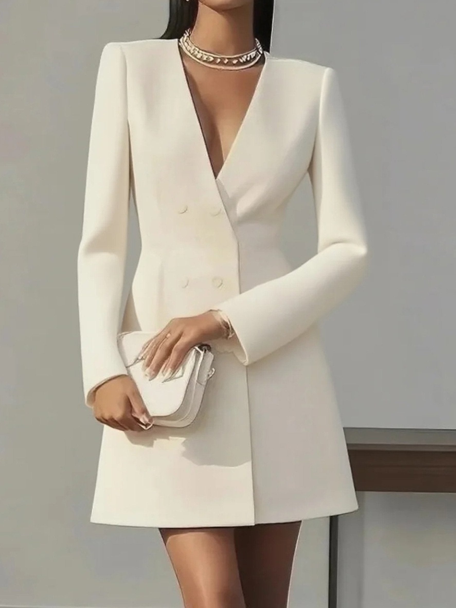 Elegant Long Sleeved Double-Breasted Plain V-neck Suit French Dress