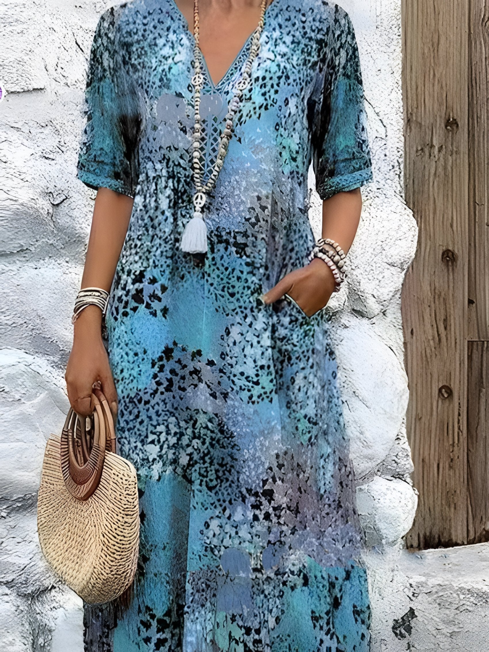 Women's Short Sleeve Summer Khaki Floral Split Joint V Neck Daily Going Out Vintage Maxi A-Line T-Shirt Dress Dress