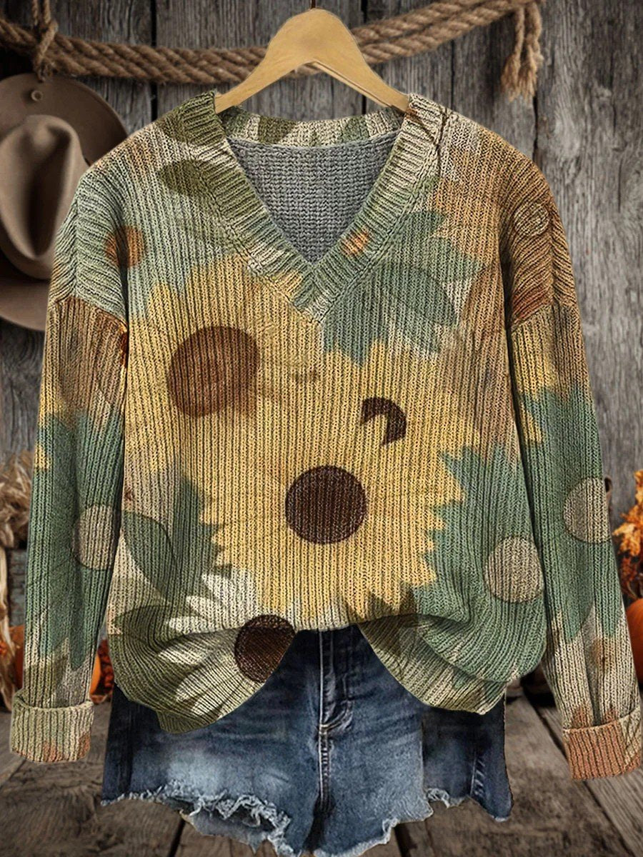 V Neck Vintage Loose Floral Sweater