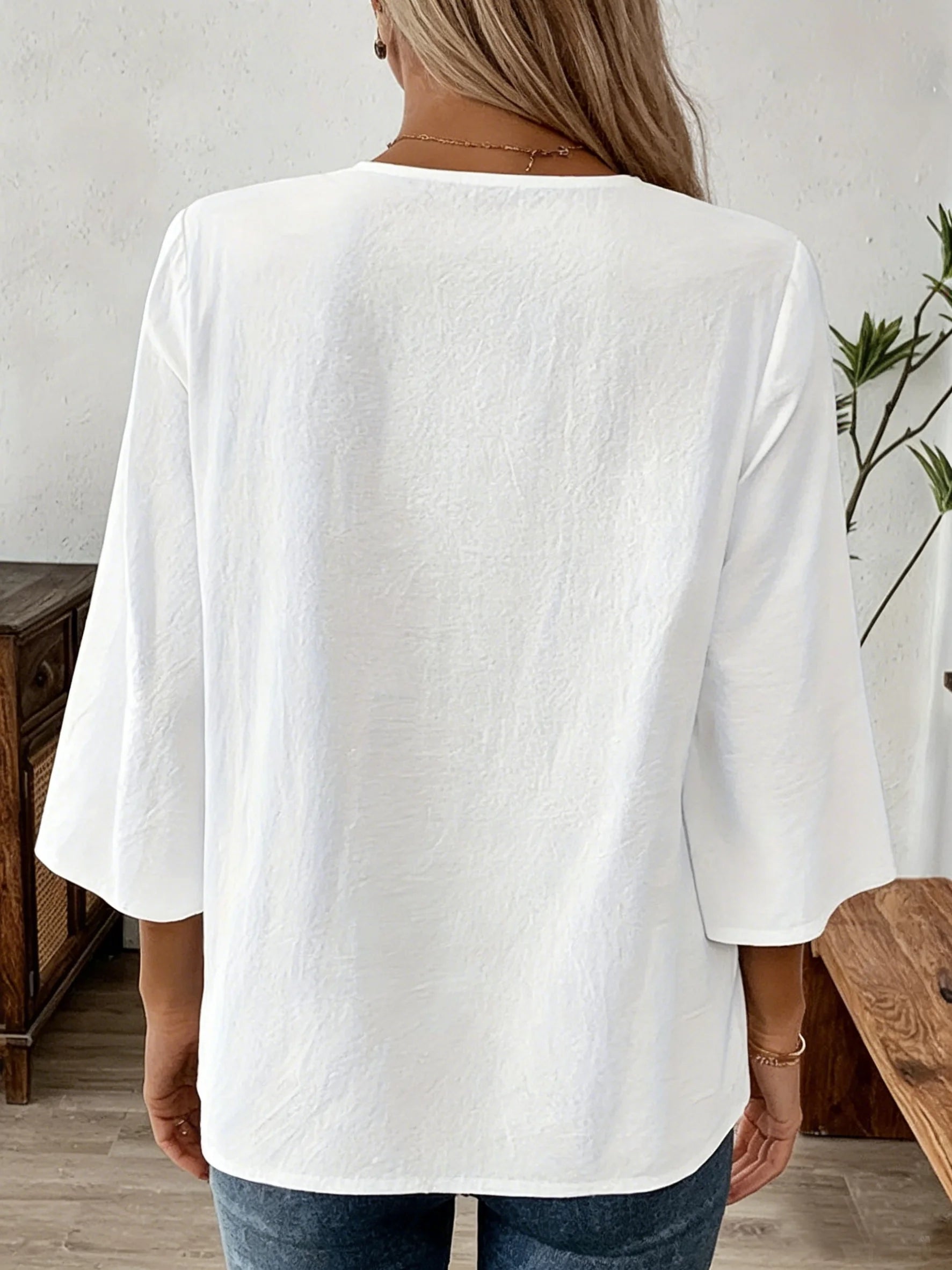 Loose Plain Lace Trim V Neck Casual Elegant Blouse