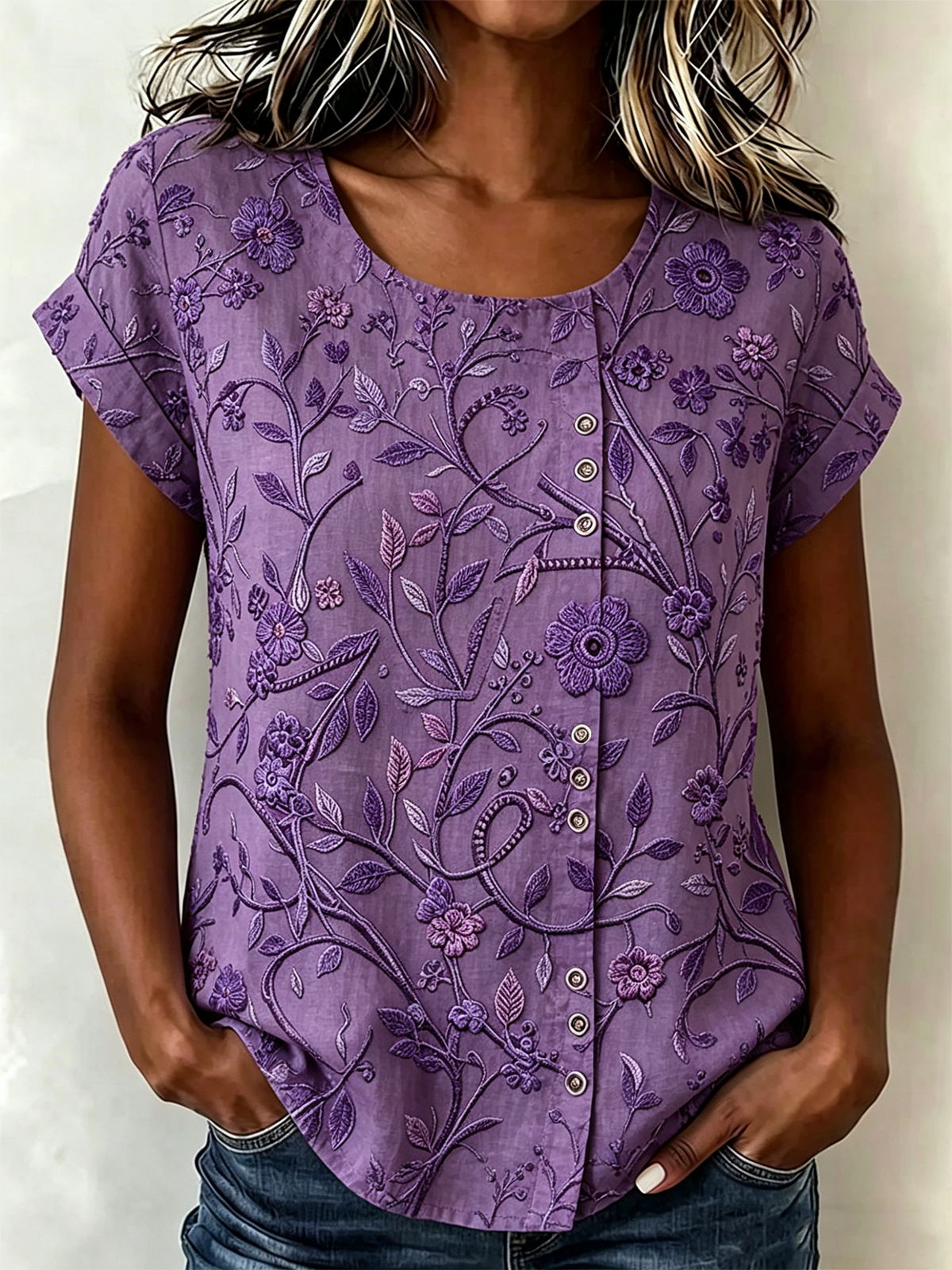 Linen Blend Crew Neck Vintage Shirt