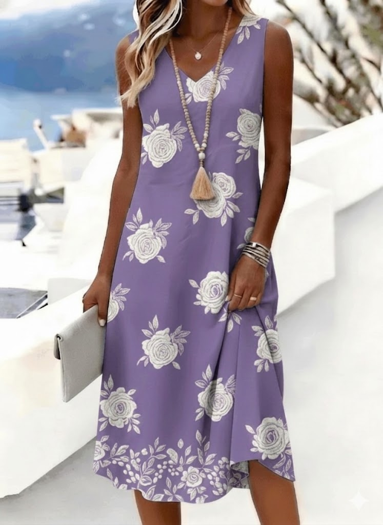Light Blue White Rose Floral Print Sleeveless V-Neck Casual Midi Dress