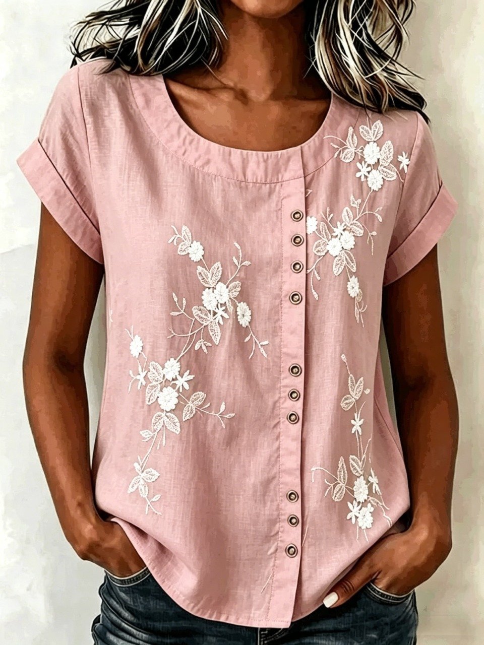 Women's 3D Floral Print Blouse Casual Short Sleeve Crew Neck Loose Button Down Shirt