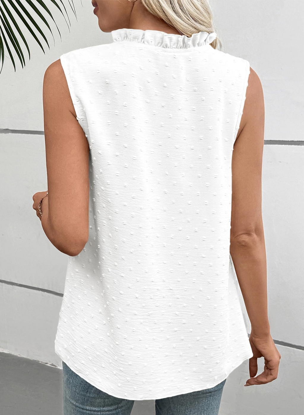 Dots Jaquard V-Neck Ruffle Sleeveless Lace Going Out Casual Top