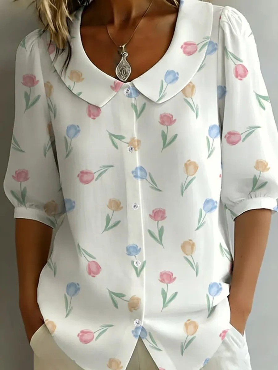 Elegant Loose Floral Shawl Collar Shirt