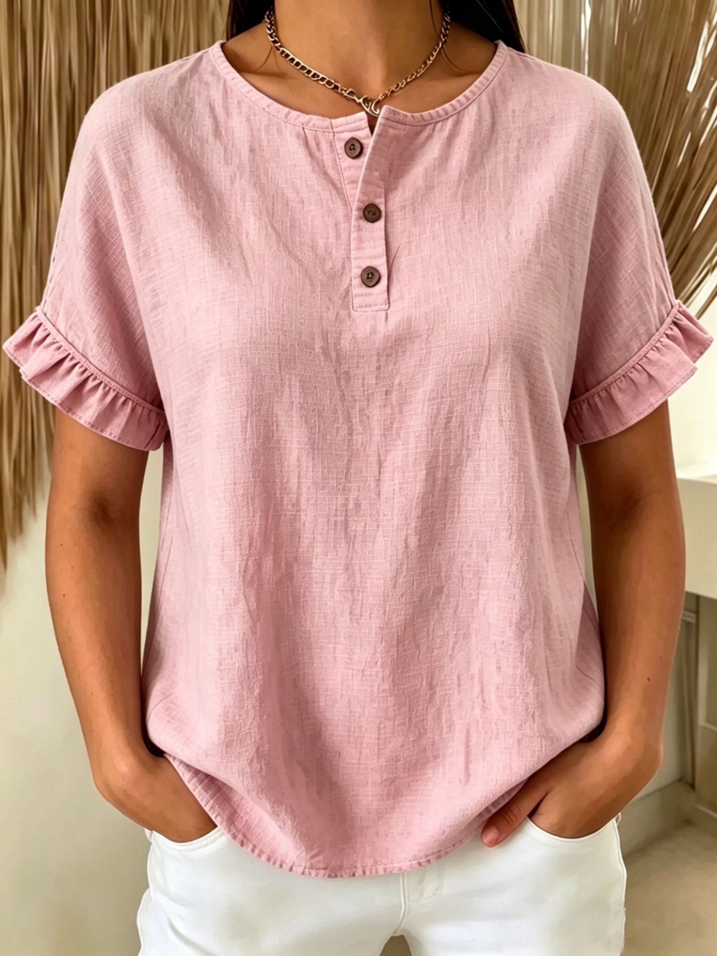 Solid Ruffle Sleeve Henley Neck Button Down T-Shirt