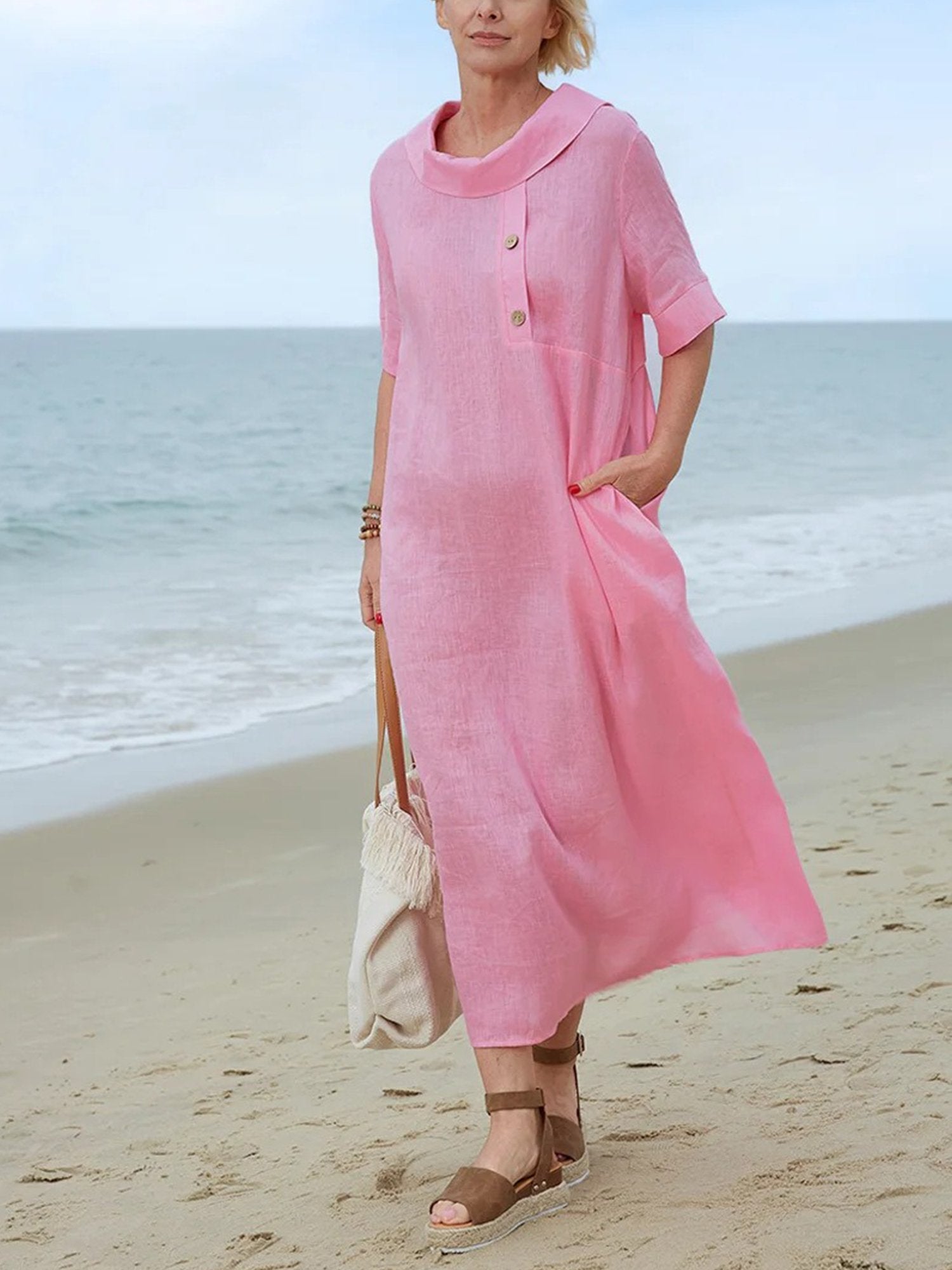 Casual Plain Loose Stand Collar Midi Dress