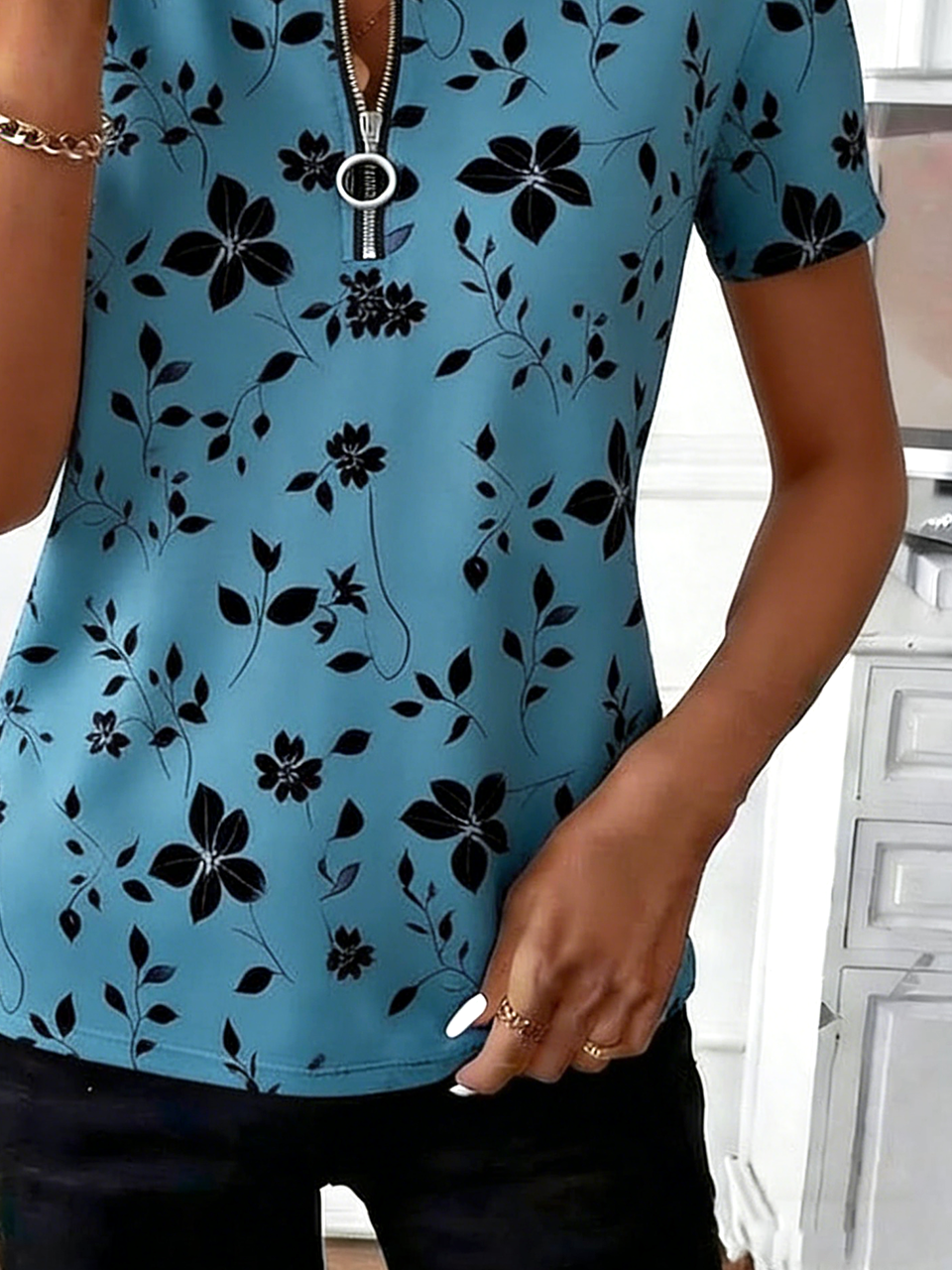 Loose Botanical Pattern Elegant T-Shirt