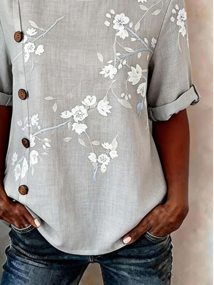 Floral Linen Blend Elegant Crew Neck Shirt