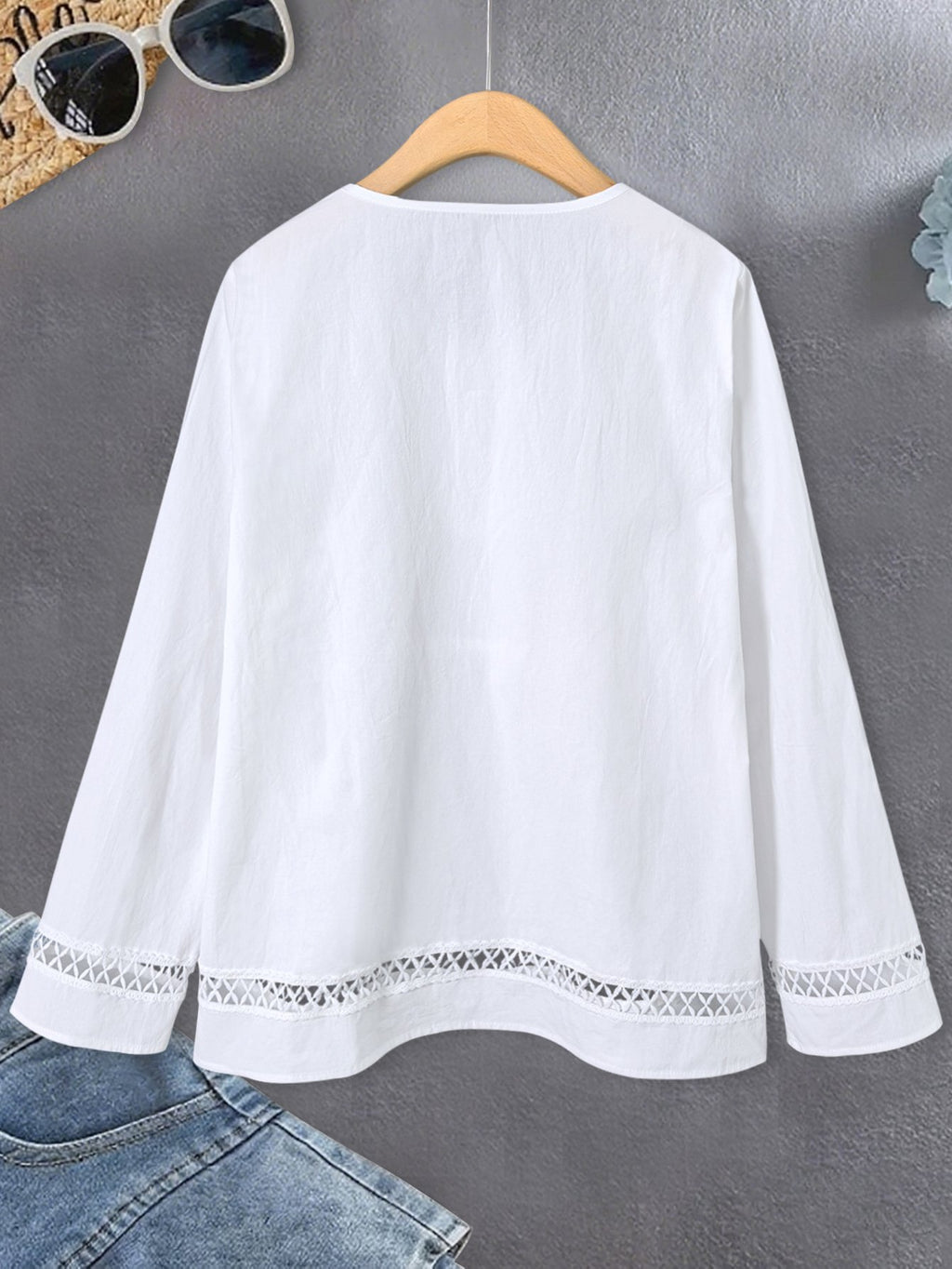 Women's Long Sleeve Shirt Spring/Fall White Floral Split Joint Cotton Crew Neck Daily Going Out Casual Top