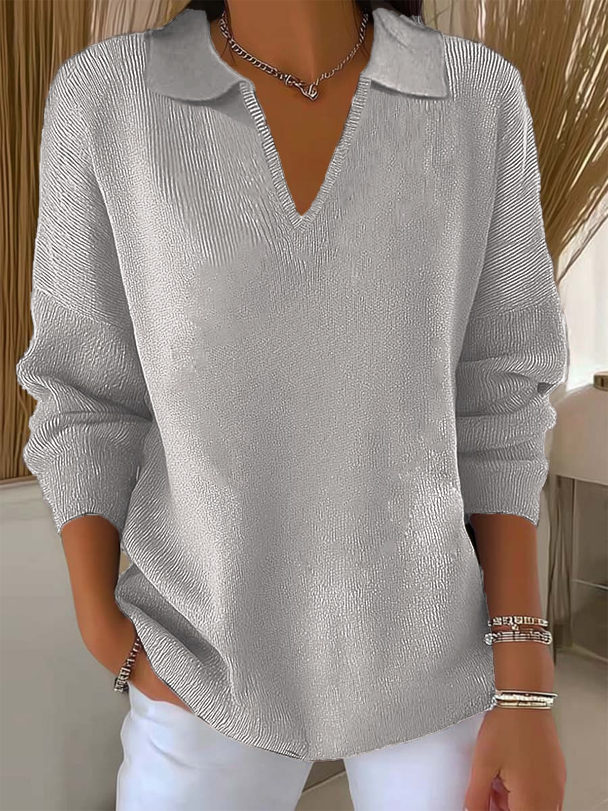Plain Casual Loose V Neck Sweater