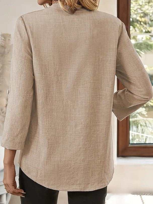 Women's Three Quarter Sleeve Shirt Spring/Fall Green Plain Split Joint Cotton And Linen V Neck Daily Going Out Casual Top