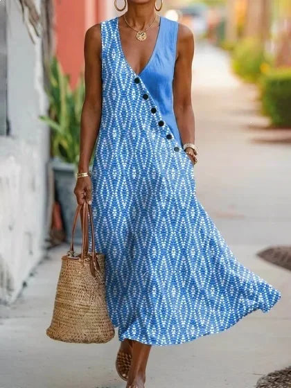 Linen Look Geometric V Neck Sleeveless Button Summer Vacation Casual Maxi Dress