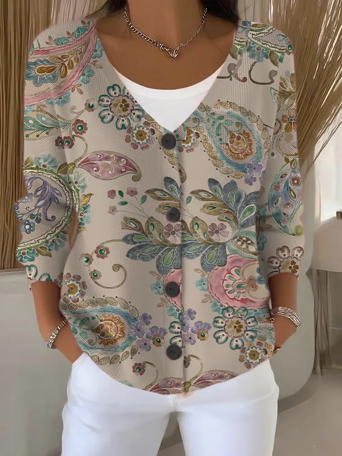 Women's Floral Print Casual Long Sleeve Button Cardigan