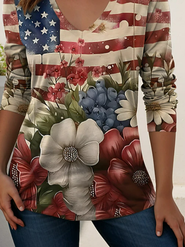 Women's Long Sleeve T-shirt Spring/Fall As Picture America Flag Printing V Neck Holiday Going Out Casual Top