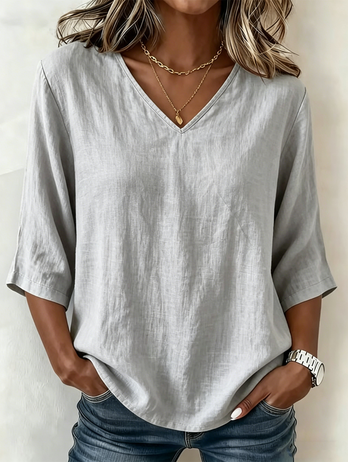 Loose Plain Casual V Neck Blouse