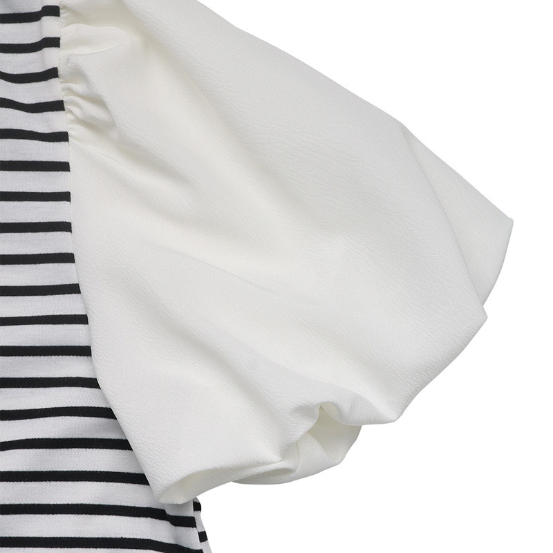 Elegant Striped V Neck Button Puff Short Sleeve Casual Jersey Blouse