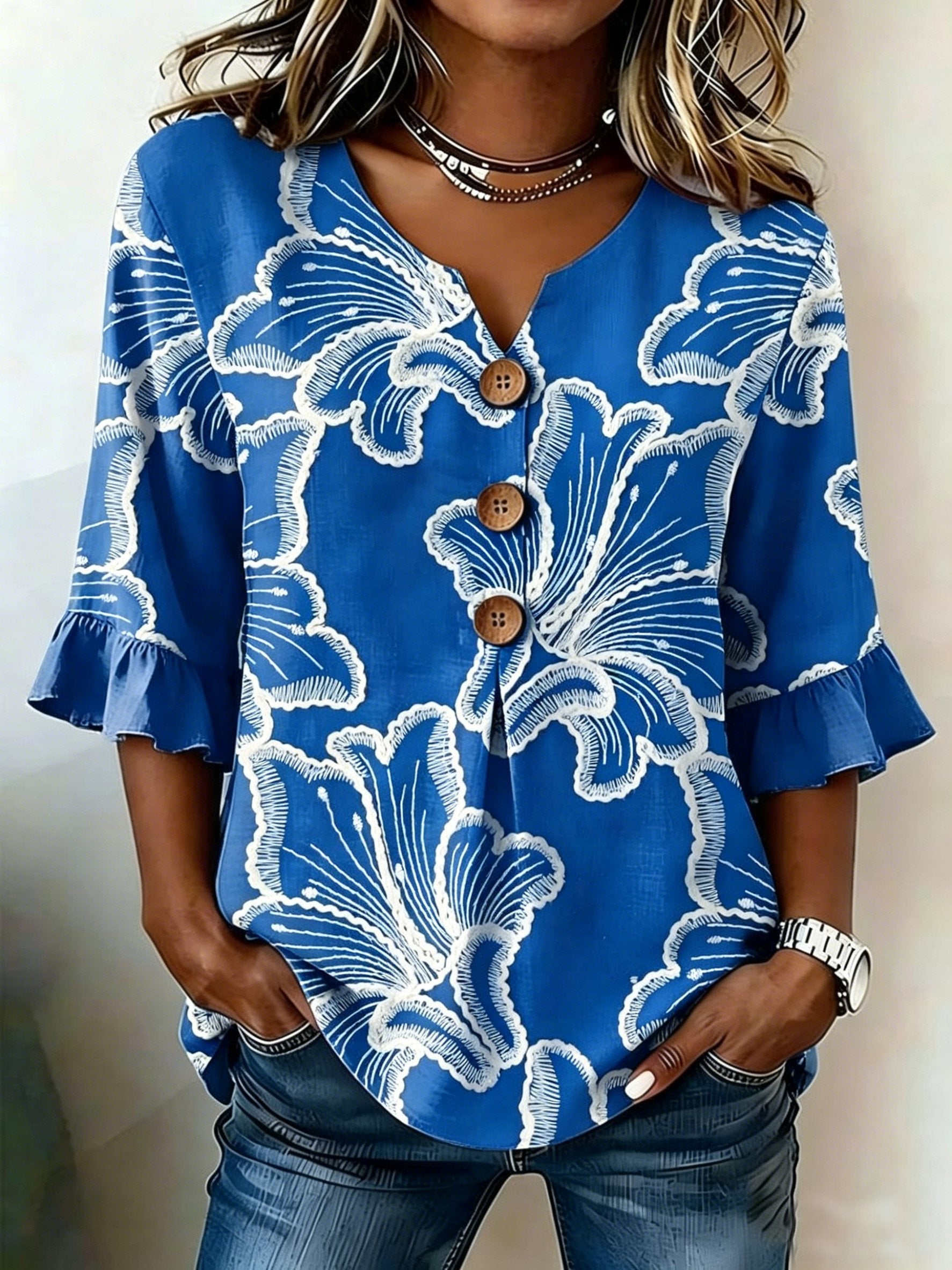 Women's Floral Half Sleeve Blouse Summer White Plain Peplum V Neck Button Daily Going Out Vintage Top