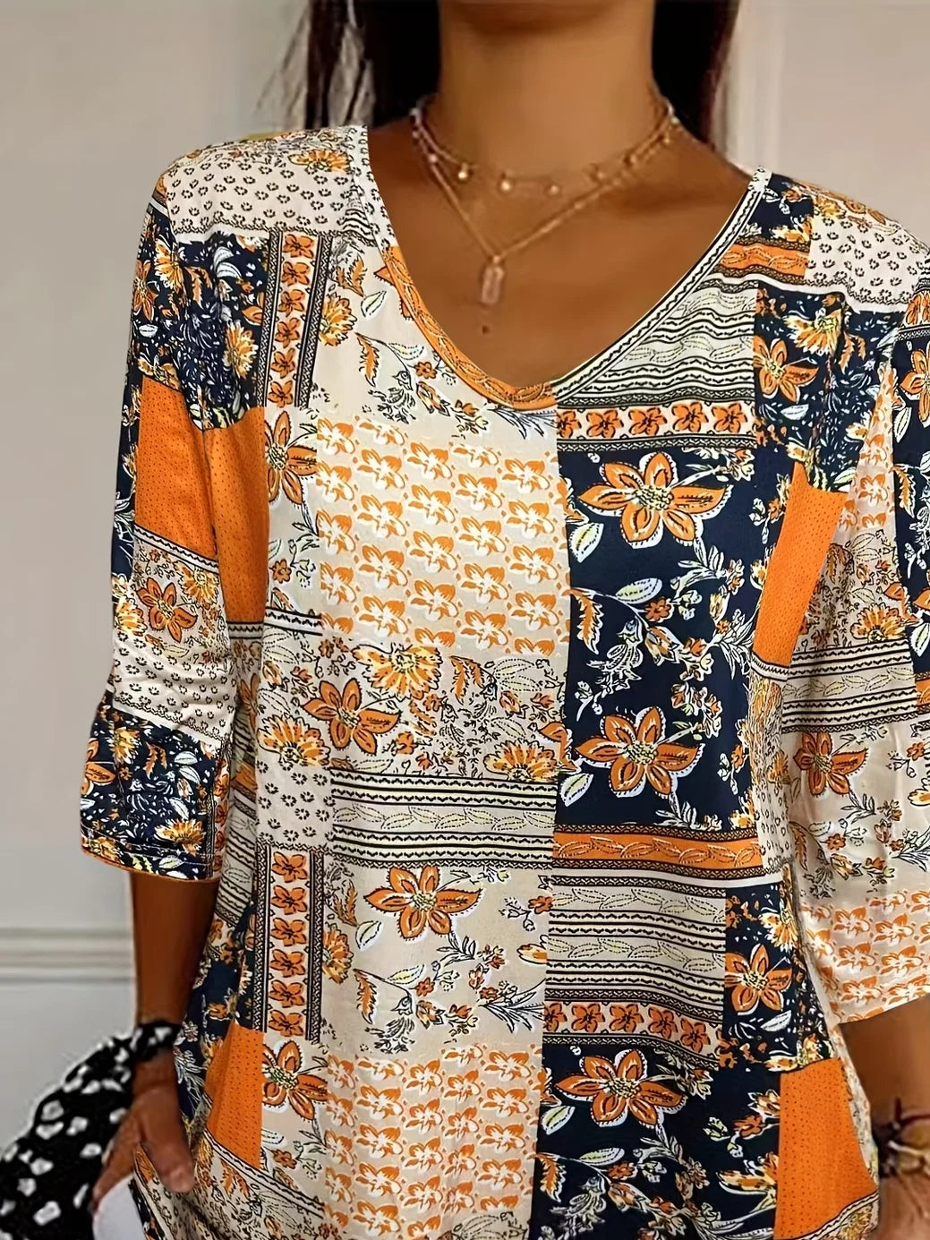 Women's Three Quarter Sleeve T-shirt Spring/Fall As Picture Floral Printing V Neck Daily Going Out Casual Top