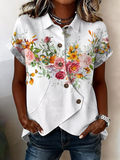 Women's Short Sleeve Shirt Summer White Floral Buckle Shawl Collar Daily Going Out Vintage Top