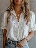 Cotton And Linen Shawl Collar Short Sleeve Lace Casual Plain Shirt