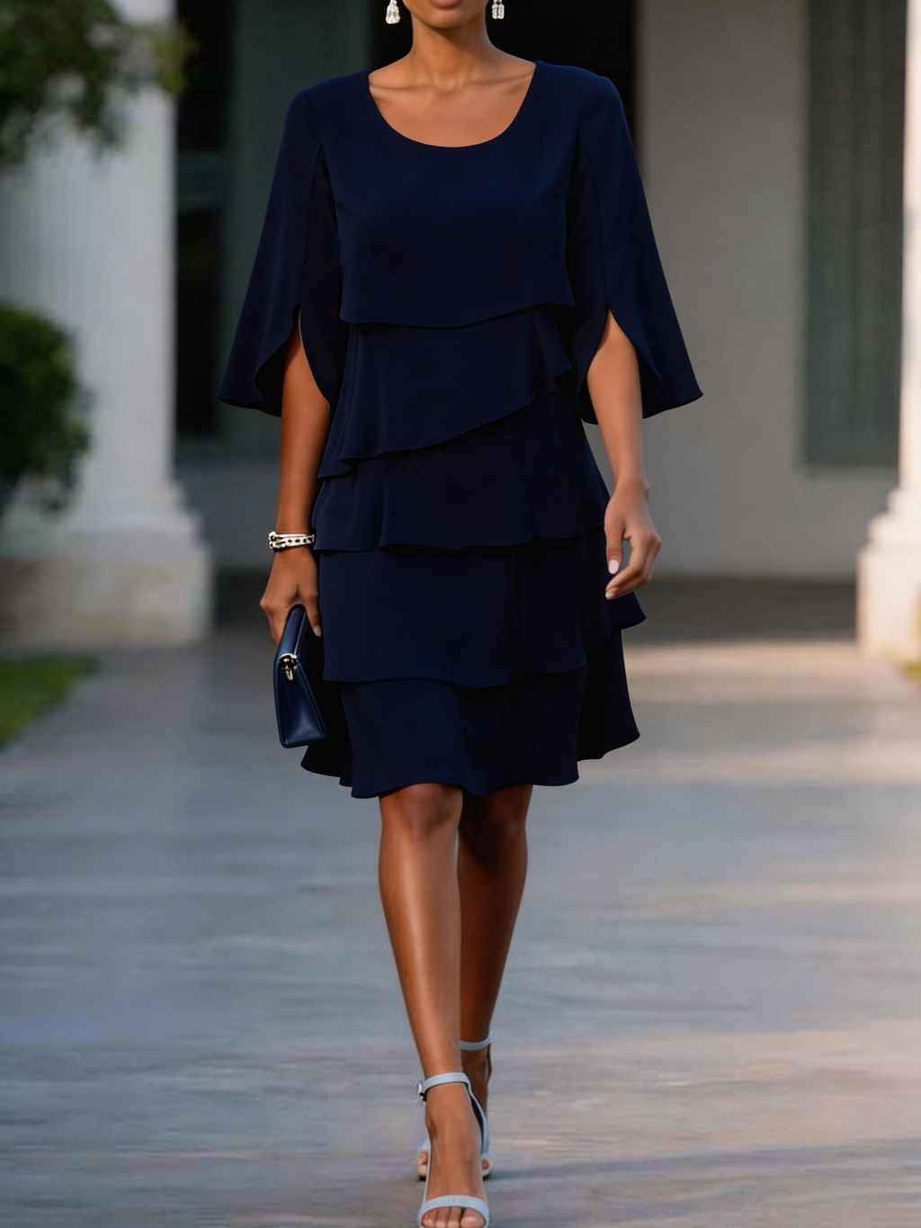 Women's Light Blue Layered Ruffle Dress Round Neck 3/4 Split Sleeve Casual Shift Dress